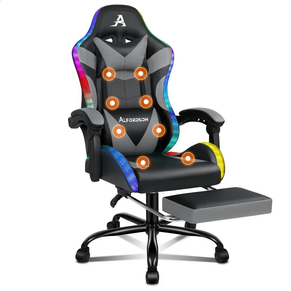 Alfordson Gaming Chair Office Massage 12 RGB LED Computer Seat PU Leather Grey