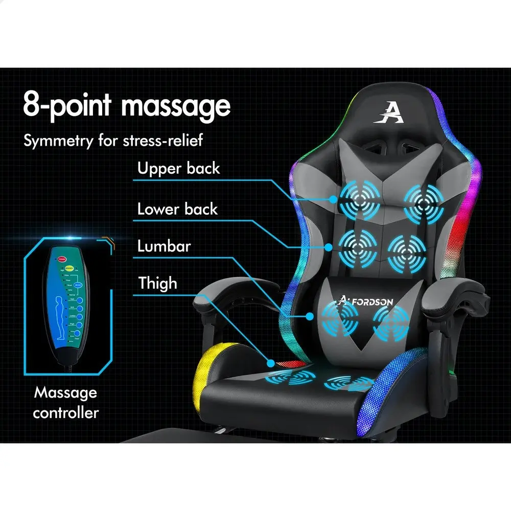 Alfordson Gaming Chair Office Massage 12 RGB LED Computer Seat PU Leather Grey