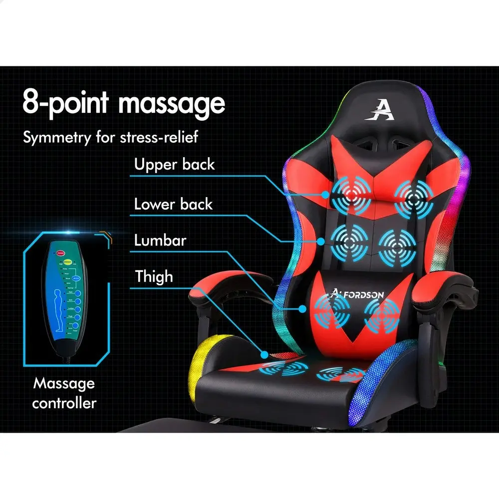 Alfordson Gaming Chair Office Massage 12 RGB LED Computer Seat PU Leather Red