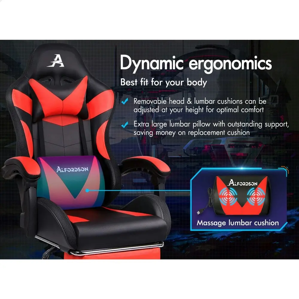 Alfordson Gaming Chair Office Massage 12 RGB LED Computer Seat PU Leather Red