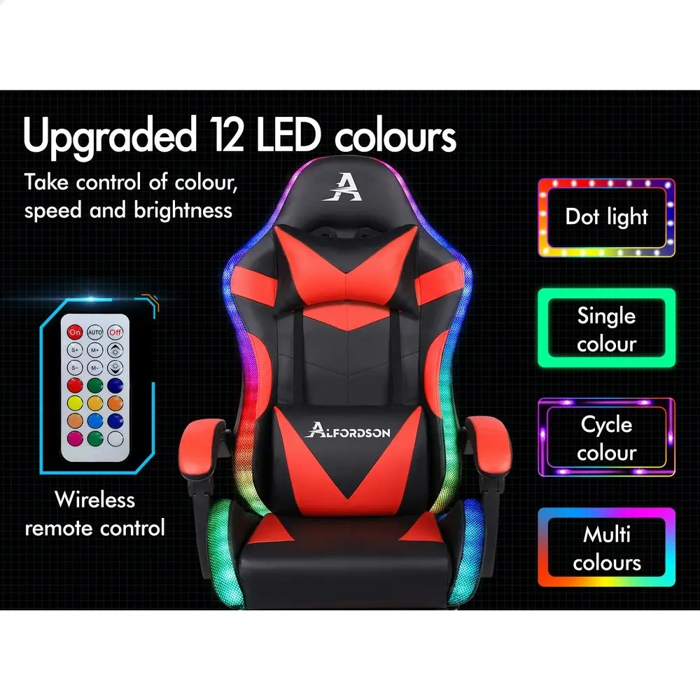 Alfordson Gaming Chair Office Massage 12 RGB LED Computer Seat PU Leather Red