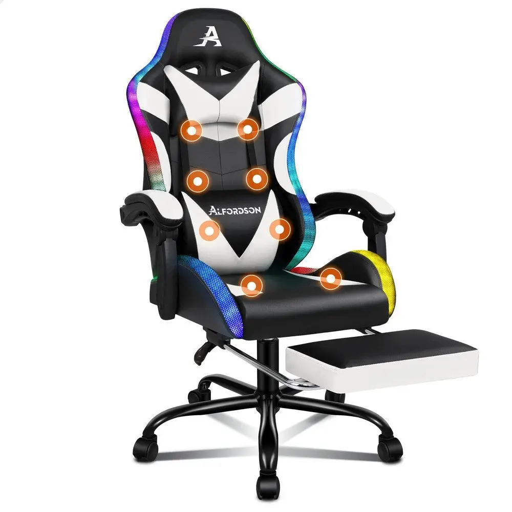 Alfordson Gaming Chair Office Massage 12 RGB LED Computer Seat PU Leather White