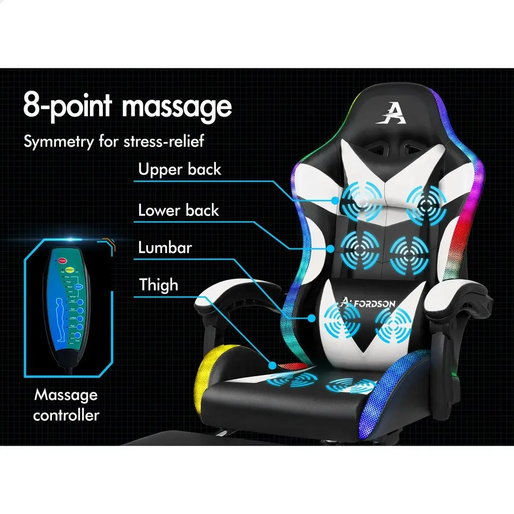 Alfordson Gaming Chair Office Massage 12 RGB LED Computer Seat PU Leather White