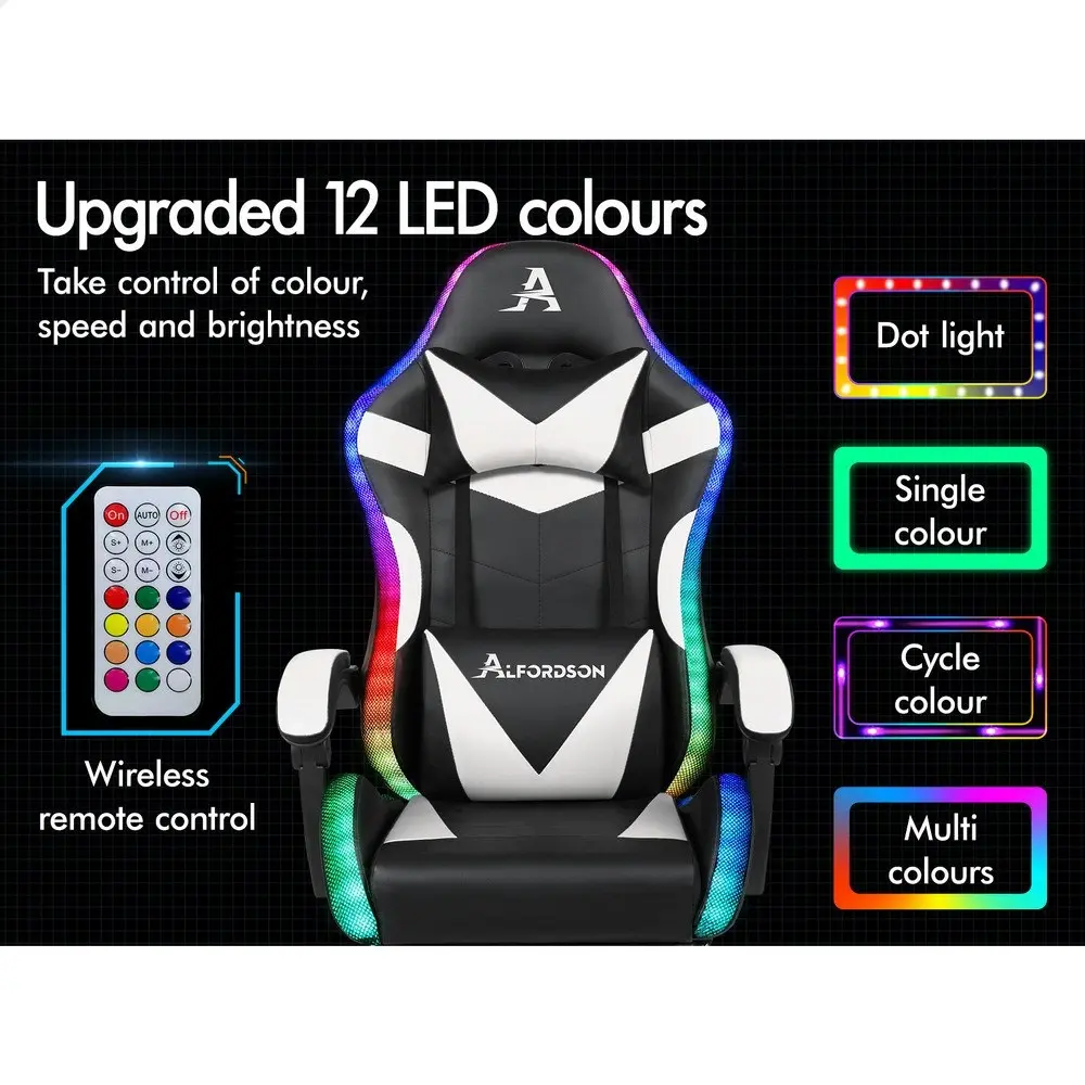 Alfordson Gaming Chair Office Massage 12 RGB LED Computer Seat PU Leather White