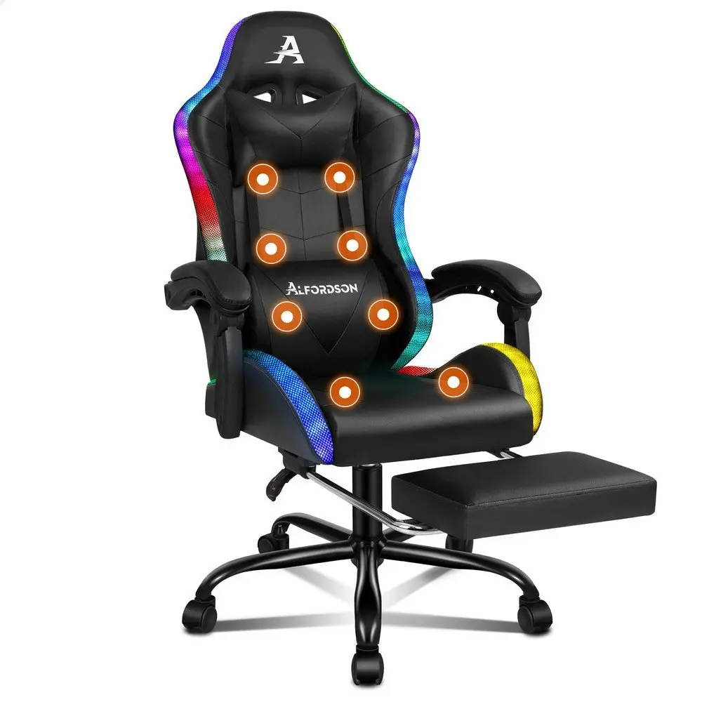 Alfordson Gaming Chair Office Massage 12 RGB LED Computer Seat PU Leather Black