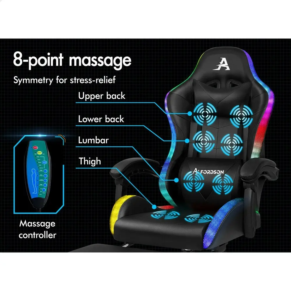 Alfordson Gaming Chair Office Massage 12 RGB LED Computer Seat PU Leather Black