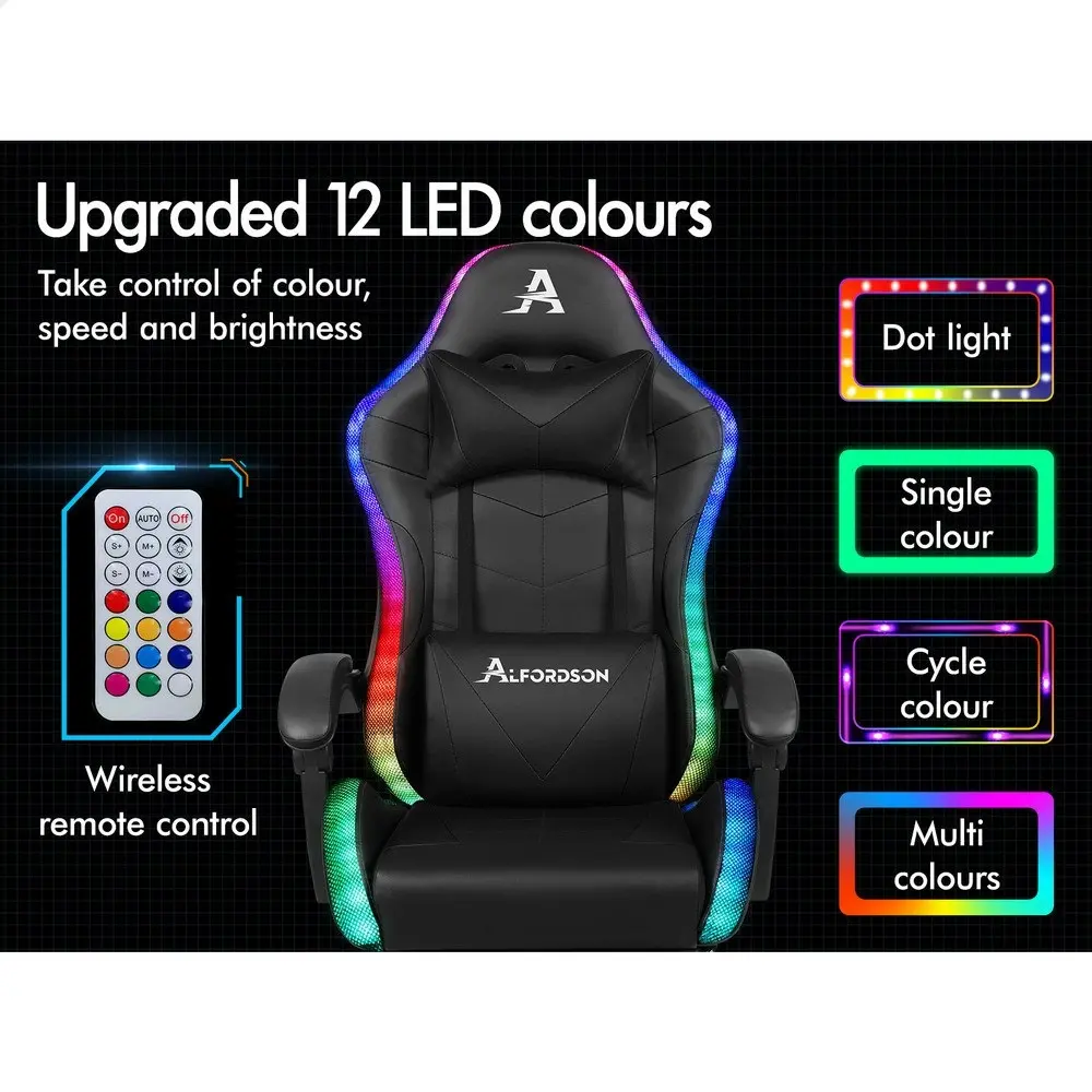 Alfordson Gaming Chair Office Massage 12 RGB LED Computer Seat PU Leather Black