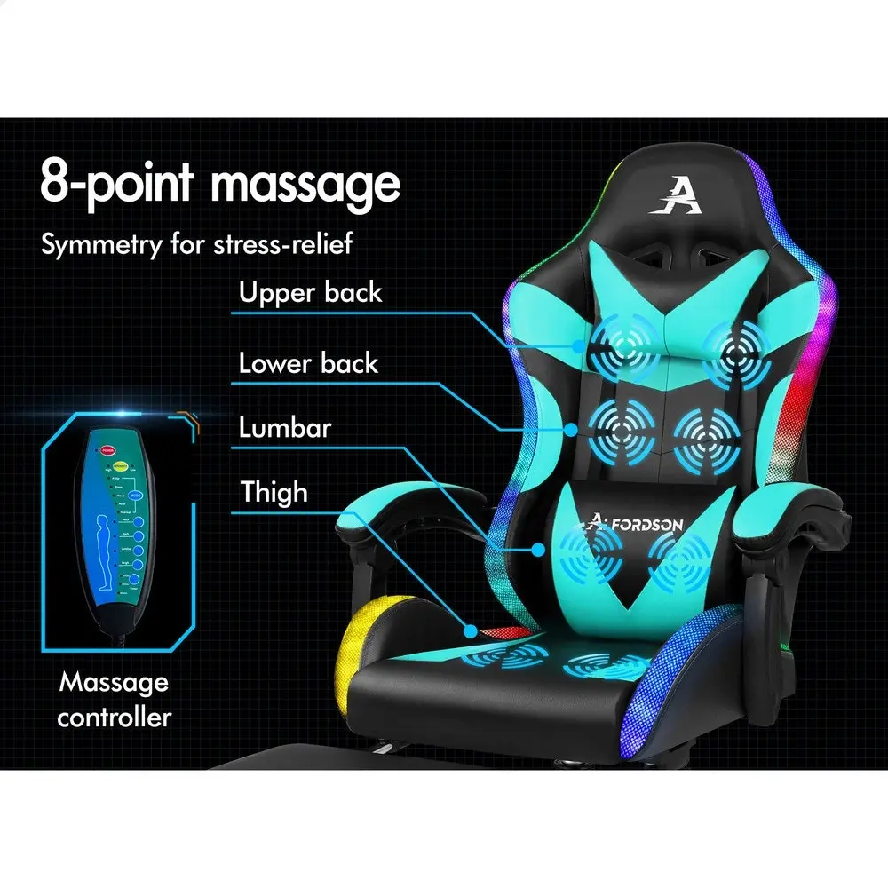 Alfordson Gaming Chair Office Massage 12 RGB LED Computer Seat PU Leather Cyan