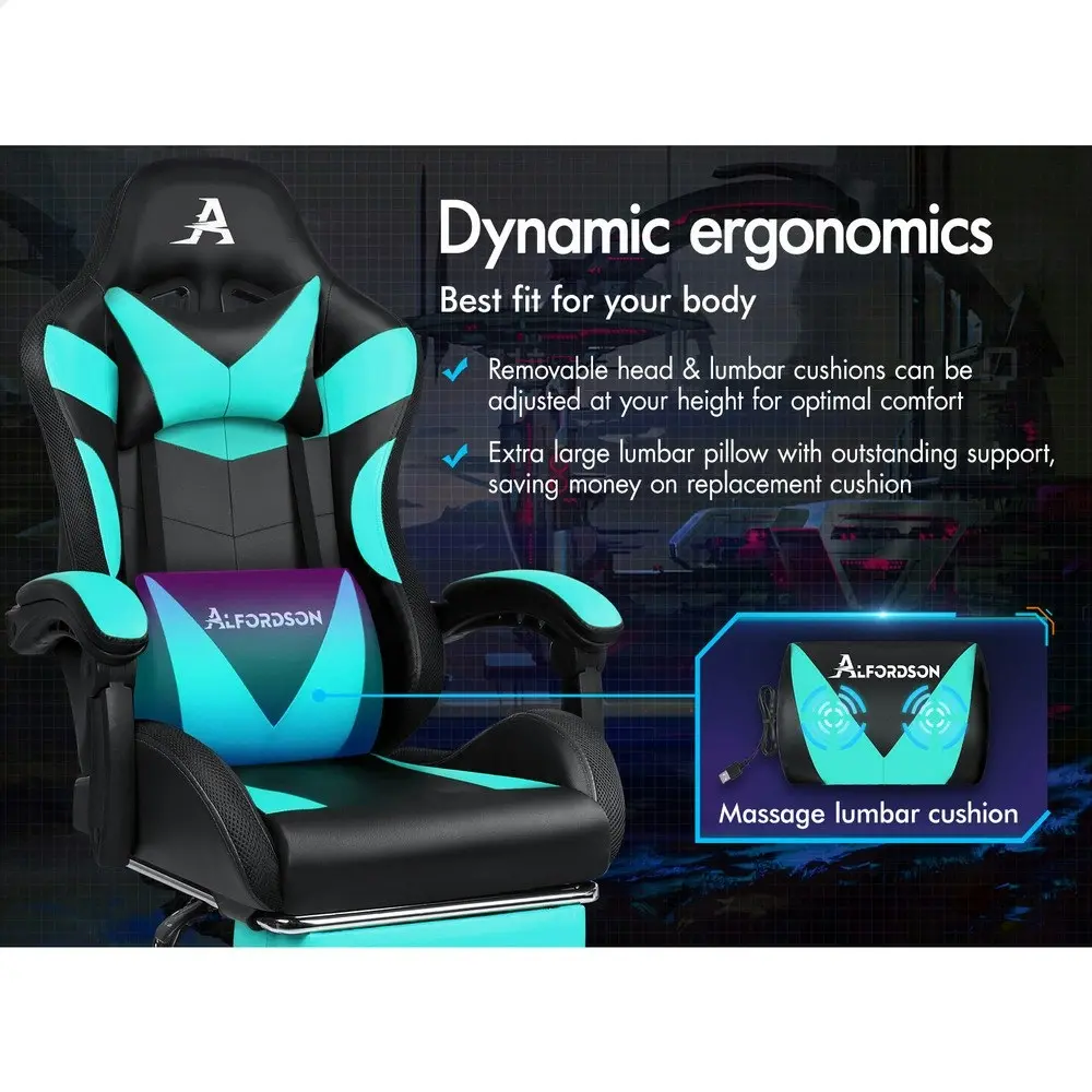 Alfordson Gaming Chair Office Massage 12 RGB LED Computer Seat PU Leather Cyan