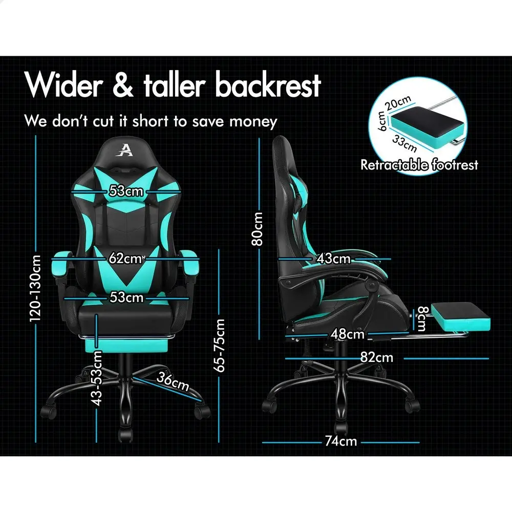 Alfordson Gaming Chair Office Massage 12 RGB LED Computer Seat PU Leather Cyan