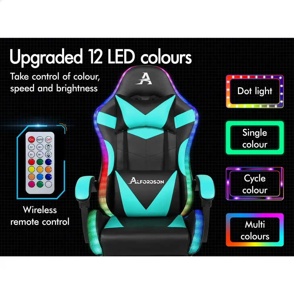 Alfordson Gaming Chair Office Massage 12 RGB LED Computer Seat PU Leather Cyan