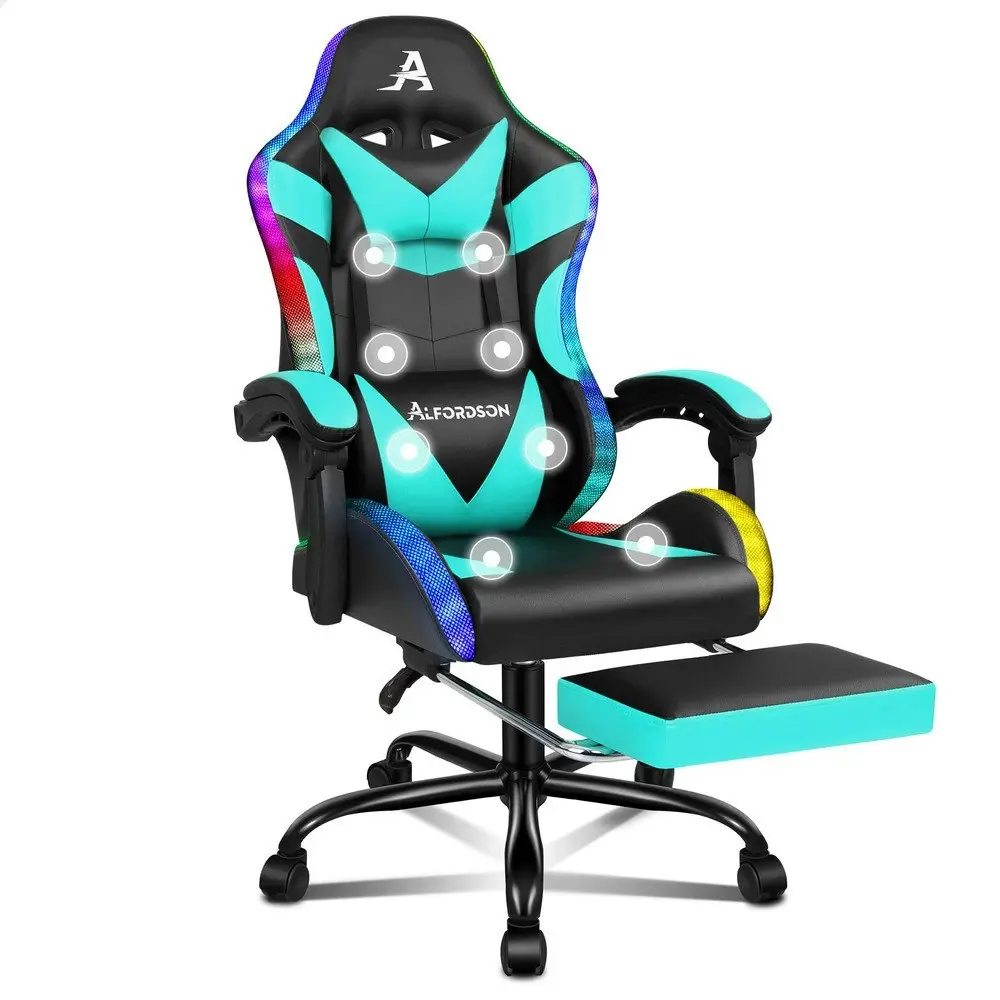 Alfordson Gaming Chair Office Massage 12 RGB LED Computer Seat PU Leather Cyan