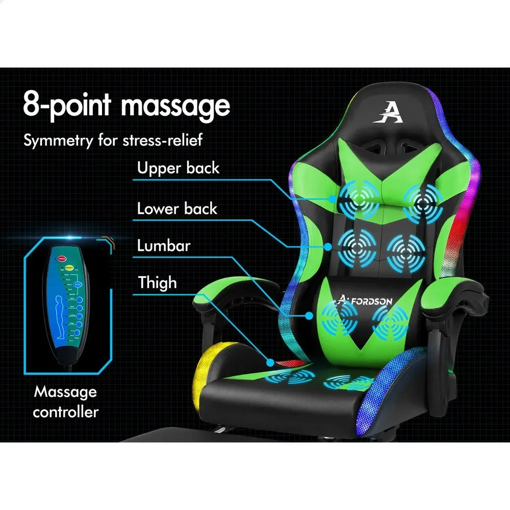 Alfordson Gaming Chair Office Massage 12 RGB LED Computer Seat PU Leather Green