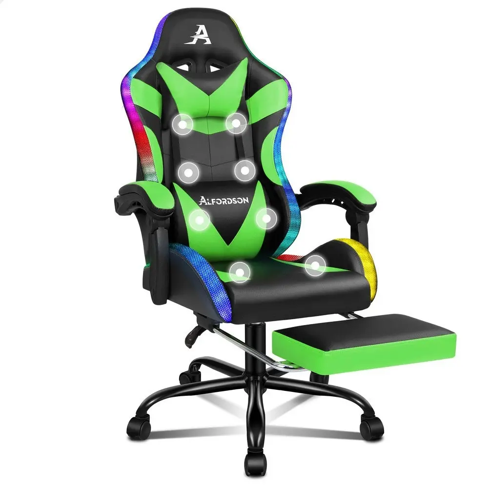 Alfordson Gaming Chair Office Massage 12 RGB LED Computer Seat PU Leather Green