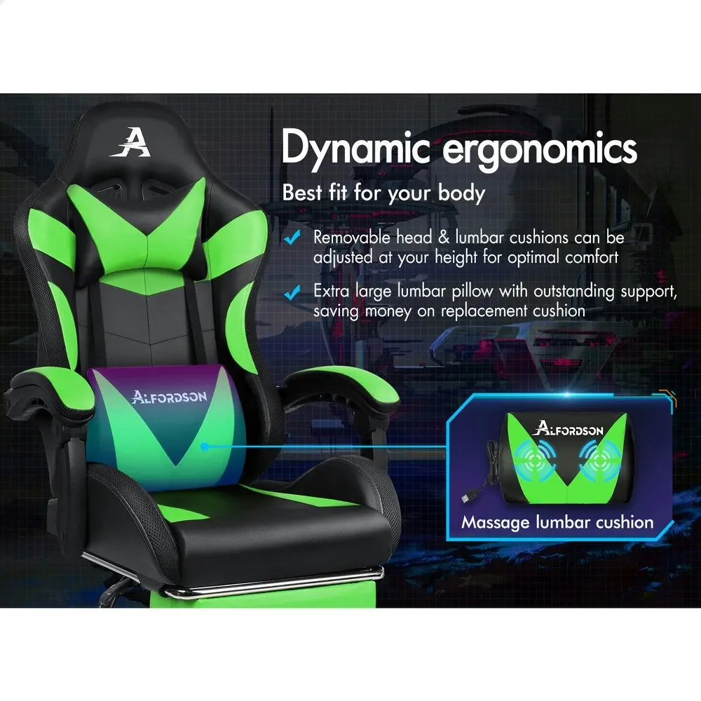 Alfordson Gaming Chair Office Massage 12 RGB LED Computer Seat PU Leather Green