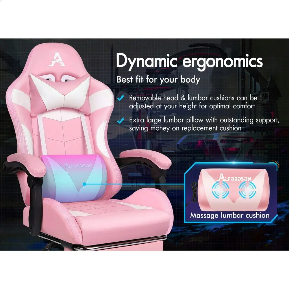 Alfordson Gaming Chair Office Massage 12 RGB LED Computer Seat PU Leather Pink