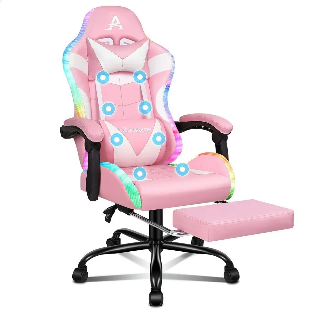 Alfordson Gaming Chair Office Massage 12 RGB LED Computer Seat PU Leather Pink