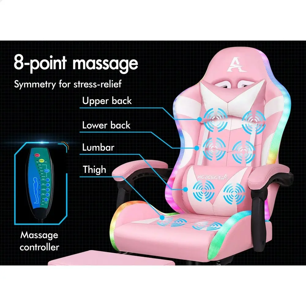 Alfordson Gaming Chair Office Massage 12 RGB LED Computer Seat PU Leather Pink