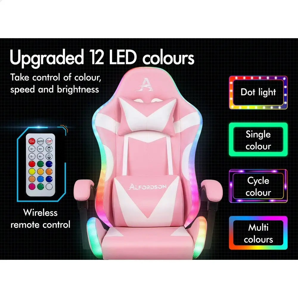 Alfordson Gaming Chair Office Massage 12 RGB LED Computer Seat PU Leather Pink