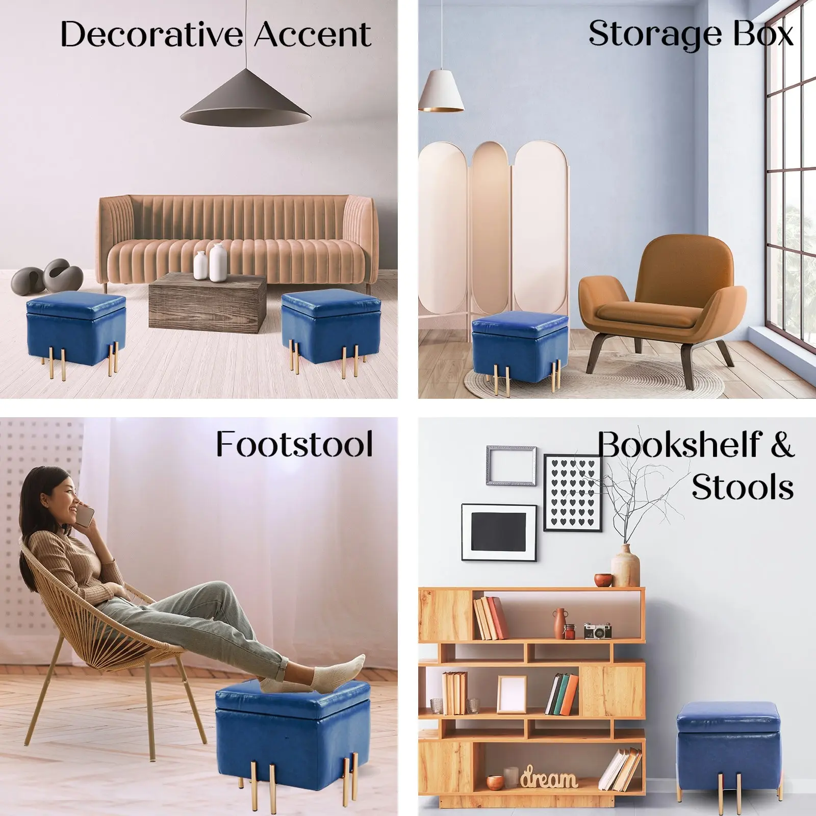 45cm Storage Ottoman Cube PU Leather - BLUE