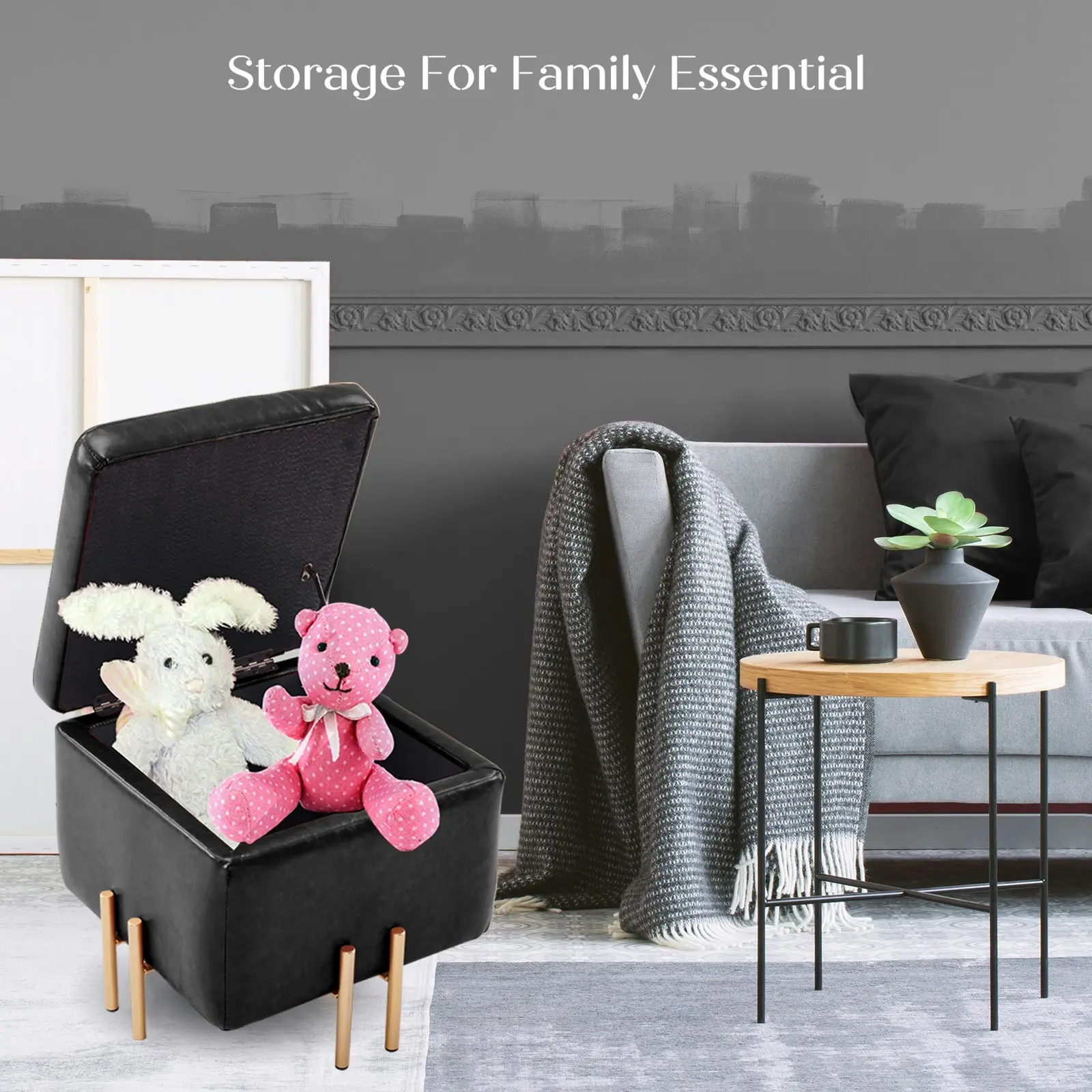 45cm Storage Ottoman Cube PU Leather - BLACK