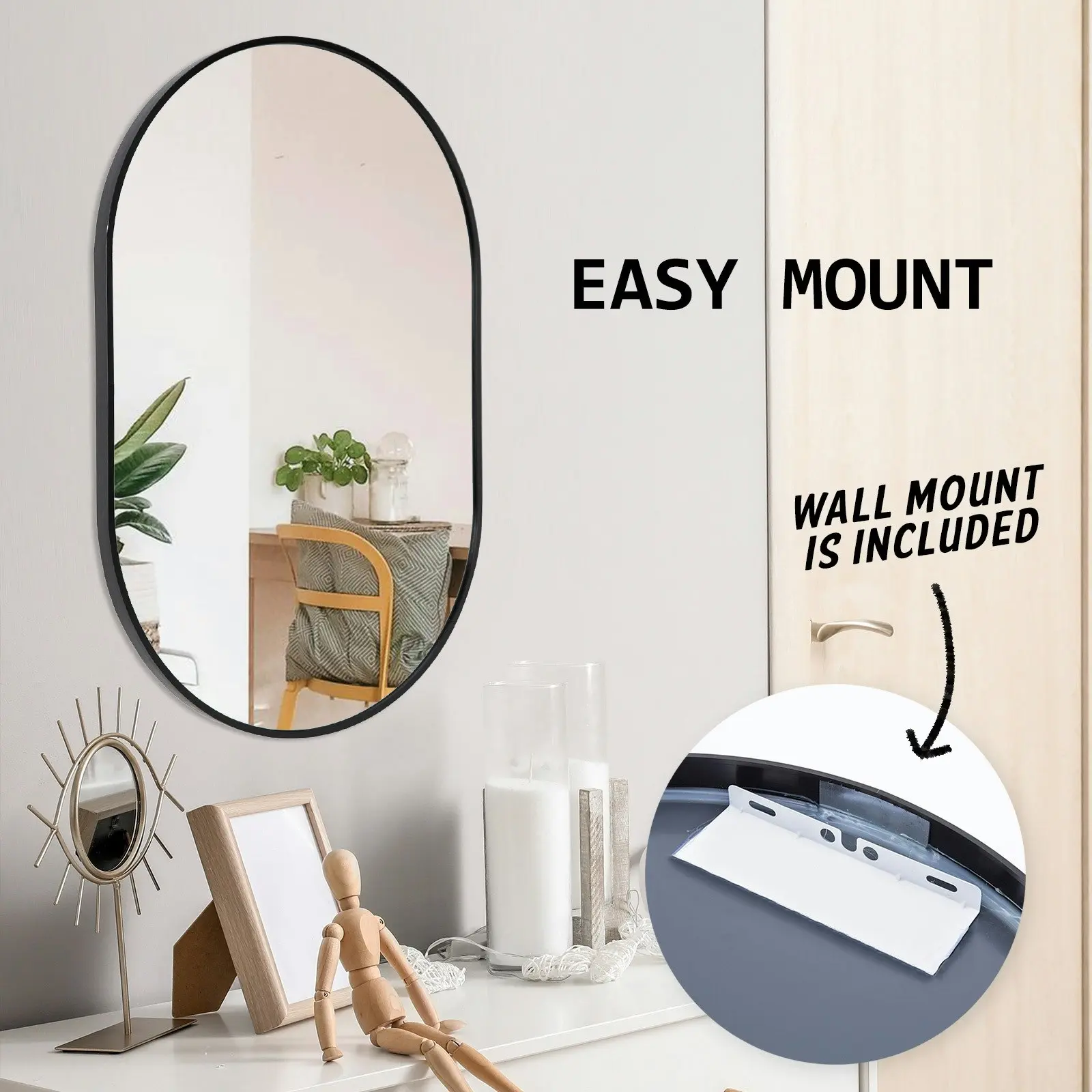 50 x 75cm Wall Mirror Oval Bathroom - BLACK