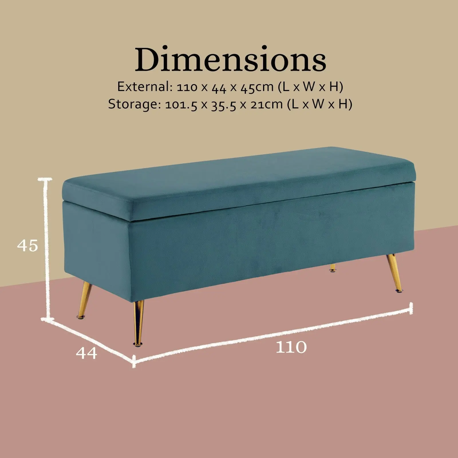 110cm Storage Ottoman Velvet - NAVY BLUE