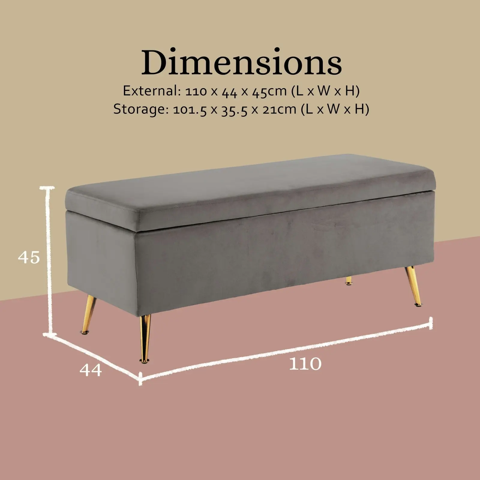 110cm Storage Ottoman Velvet - GREY