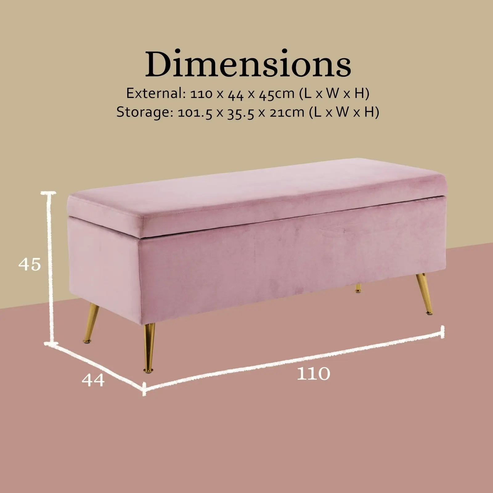 110cm Storage Ottoman Velvet - PINK