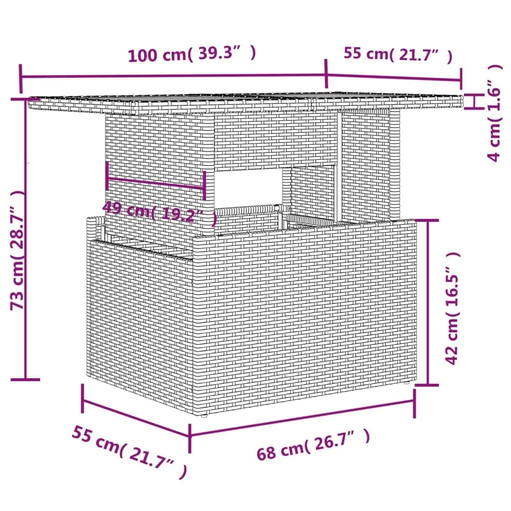 Garden Table with Glass Top Black 100x55x73 cm Poly Rattan 365970