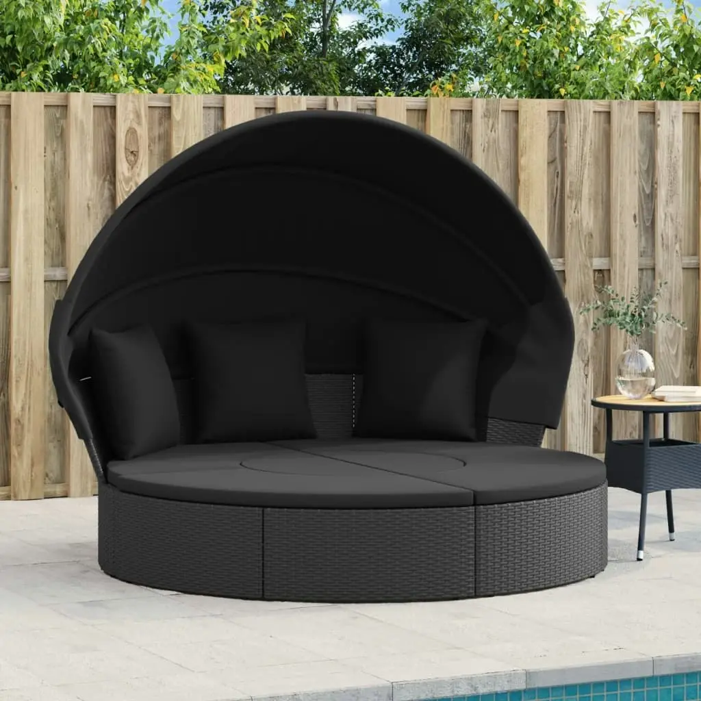 Outdoor Lounge Bed with Canopy and Cushions Black Poly Rattan 362255