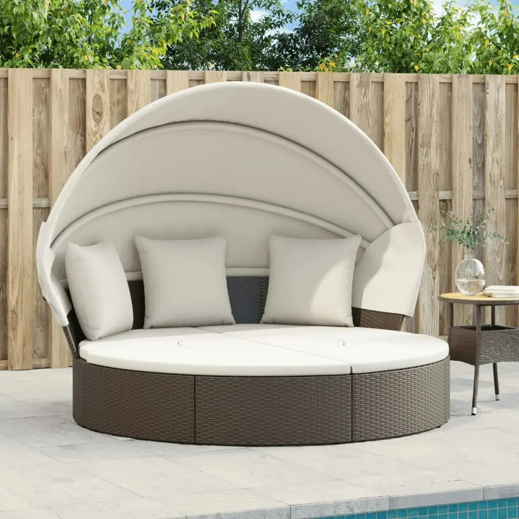 Outdoor Lounge Bed with Canopy and Cushions Brown Poly Rattan 362253