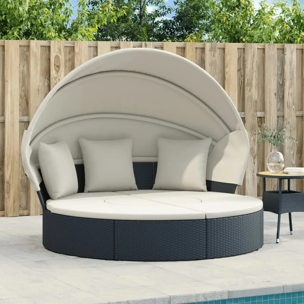 Outdoor Lounge Bed with Canopy and Cushions Black Poly Rattan 362254