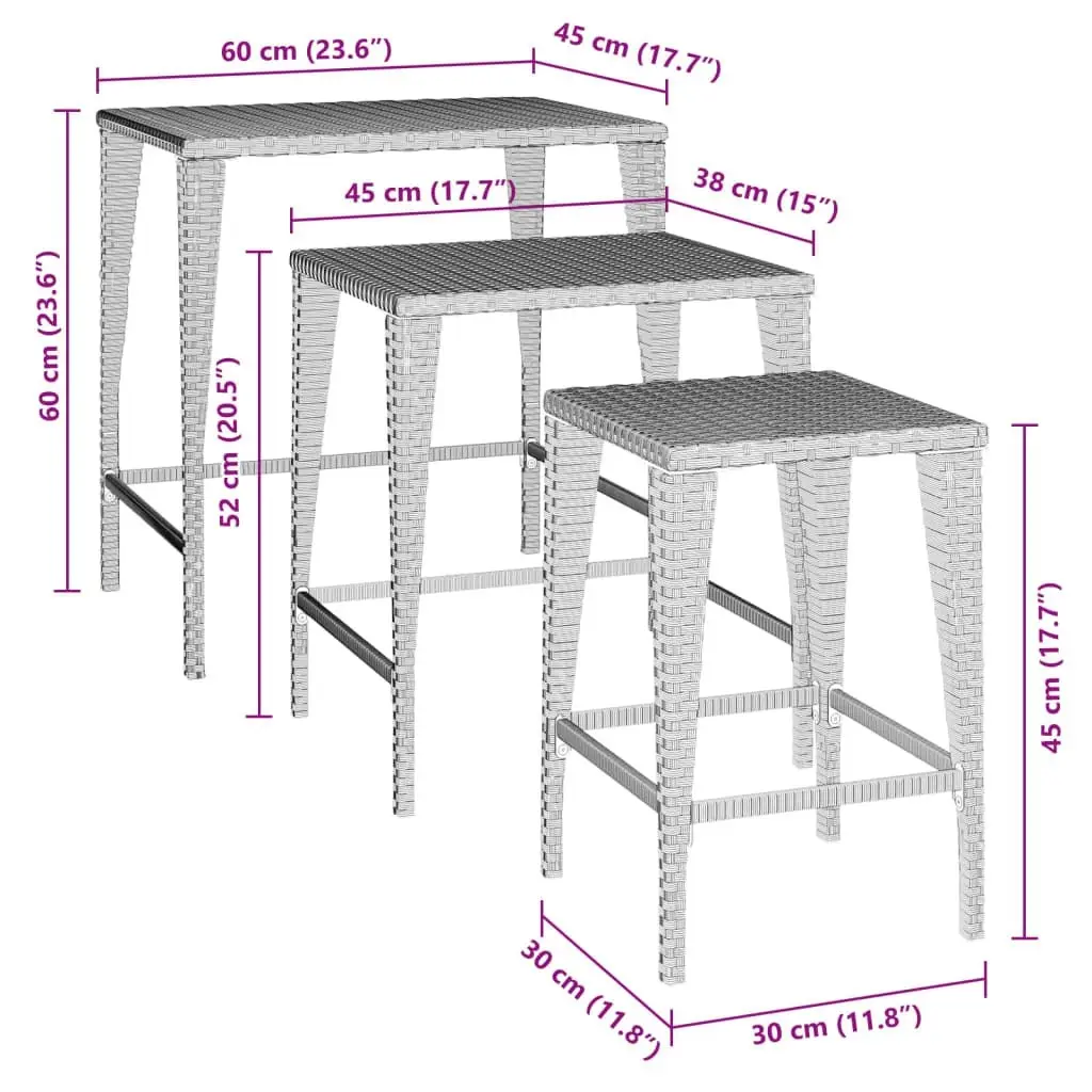 Garden Nesting Tables 3 pcs Black Poly Rattan 3324829