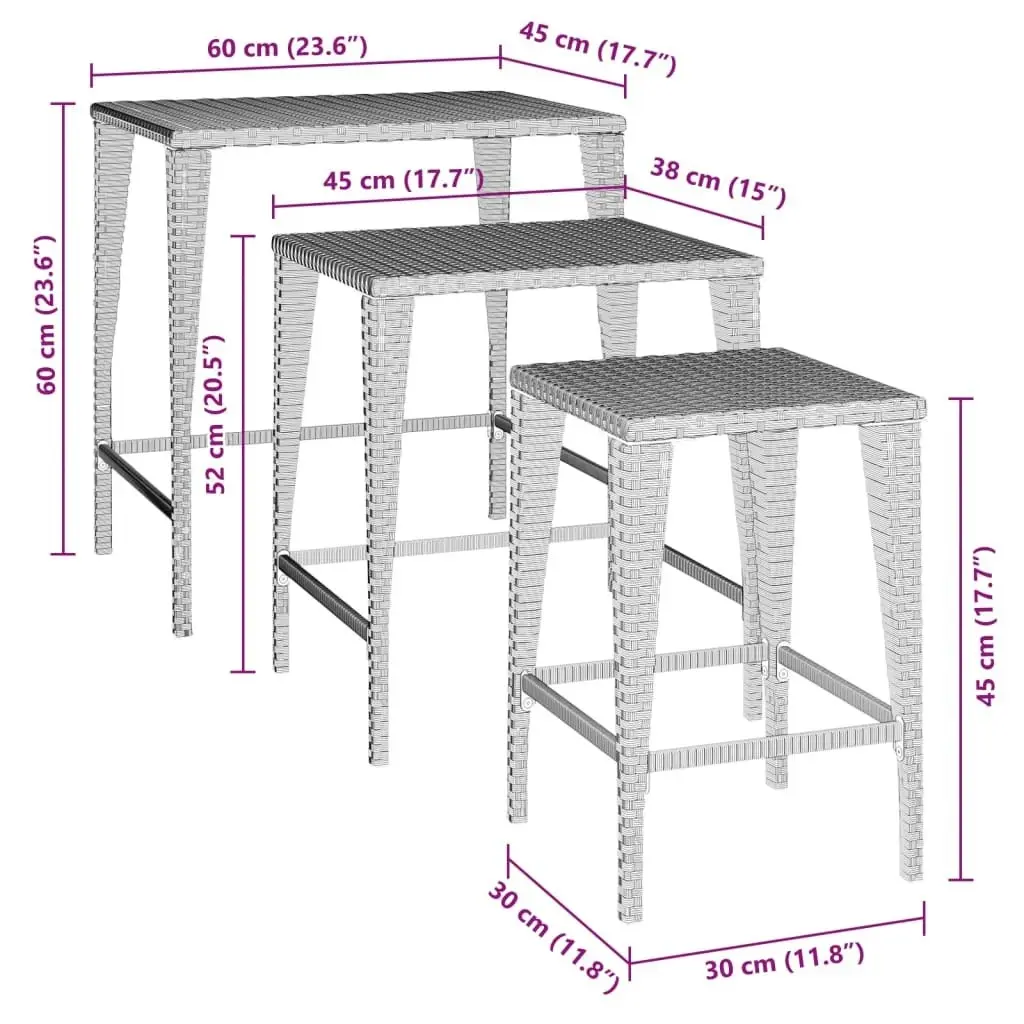 Garden Nesting Tables 3 pcs Brown Poly Rattan 3324830