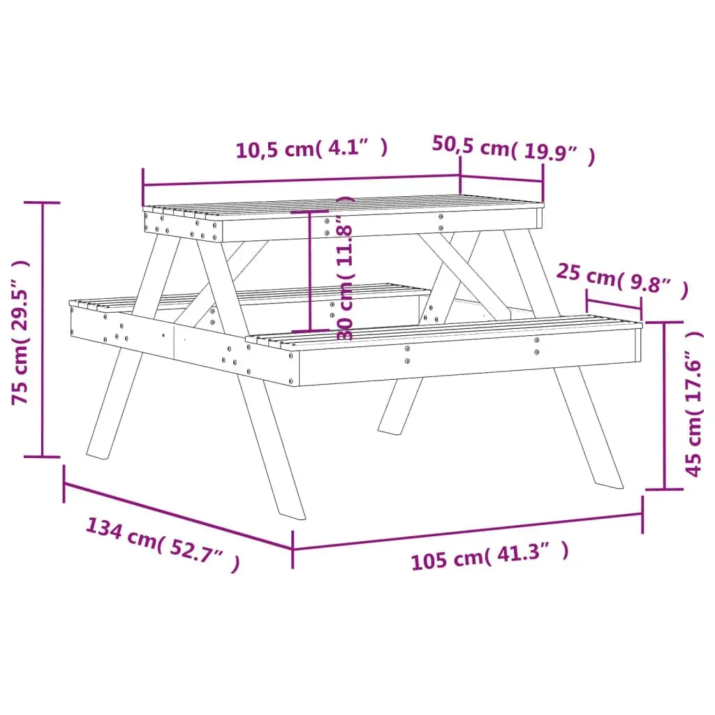 Picnic Table White 105x134x75 cm Solid Wood Pine 832568