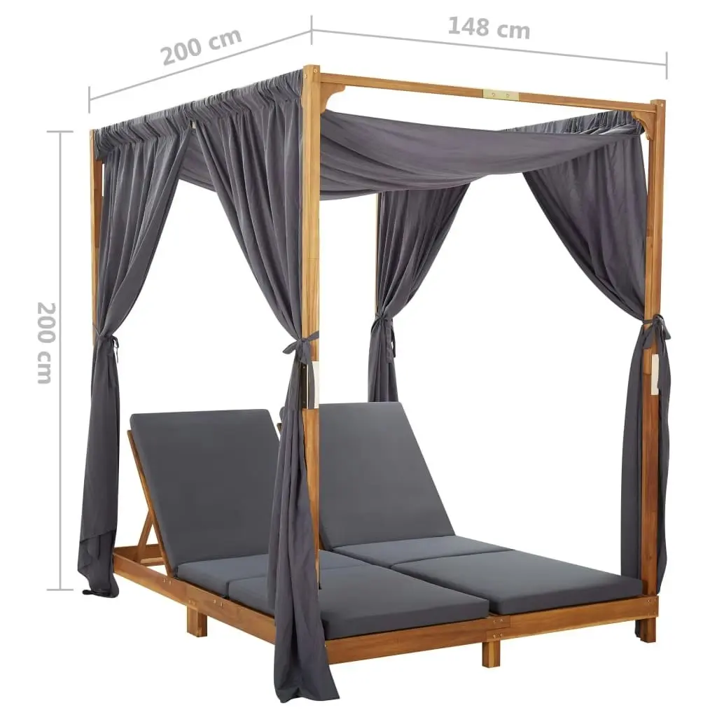 Double Sun Lounger with Curtains & Cushions Solid Acacia Wood 310319