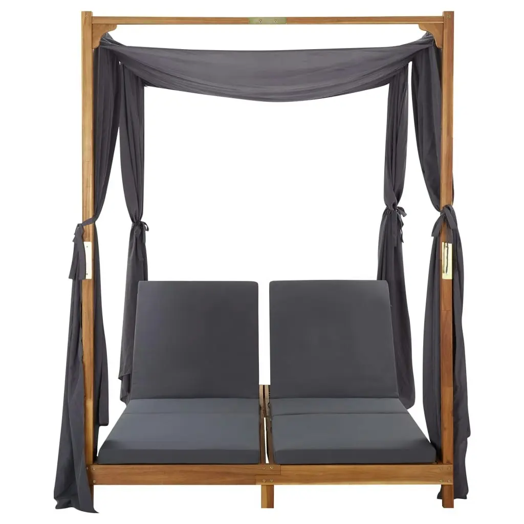 Double Sun Lounger with Curtains & Cushions Solid Acacia Wood 310319