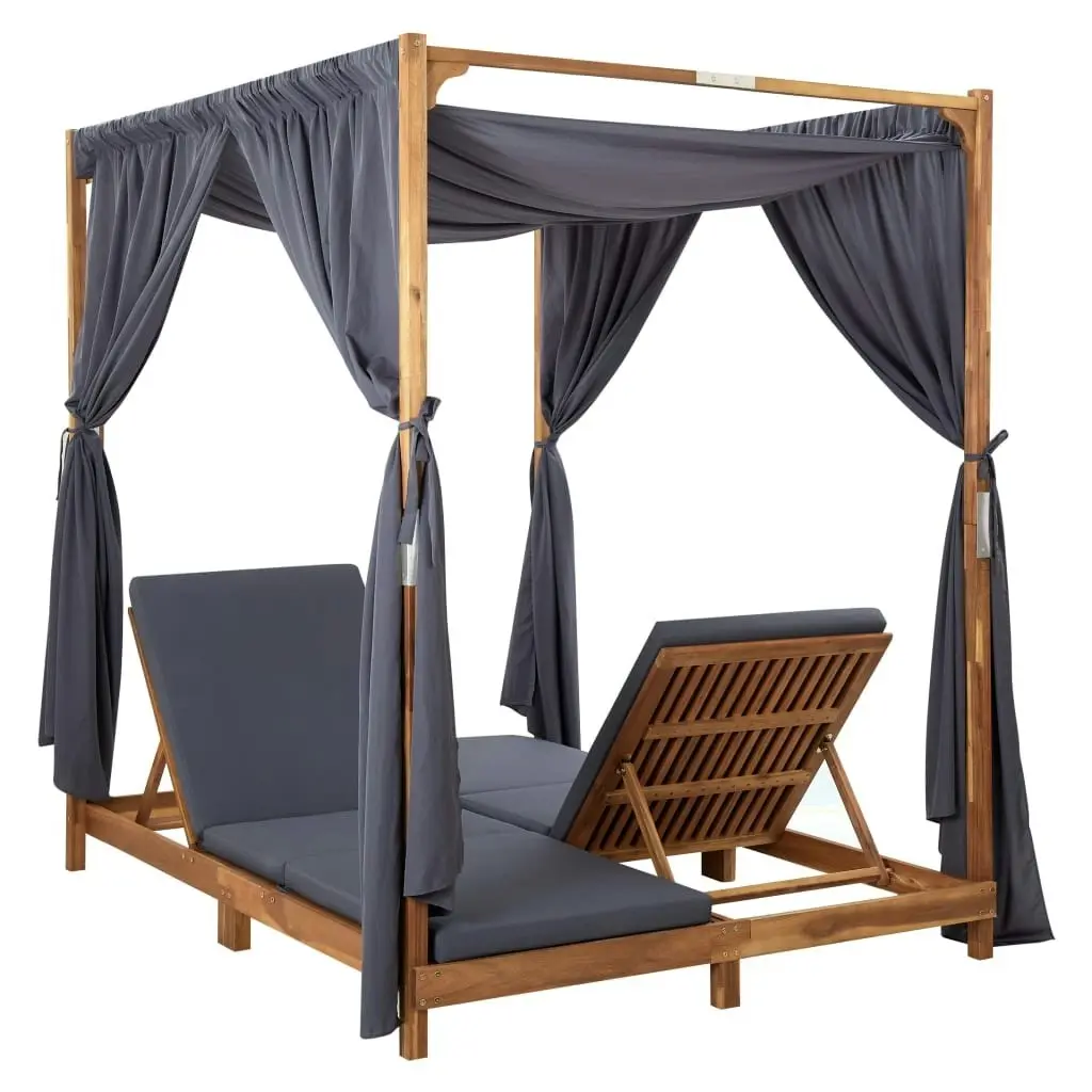 Double Sun Lounger with Curtains & Cushions Solid Acacia Wood 310319