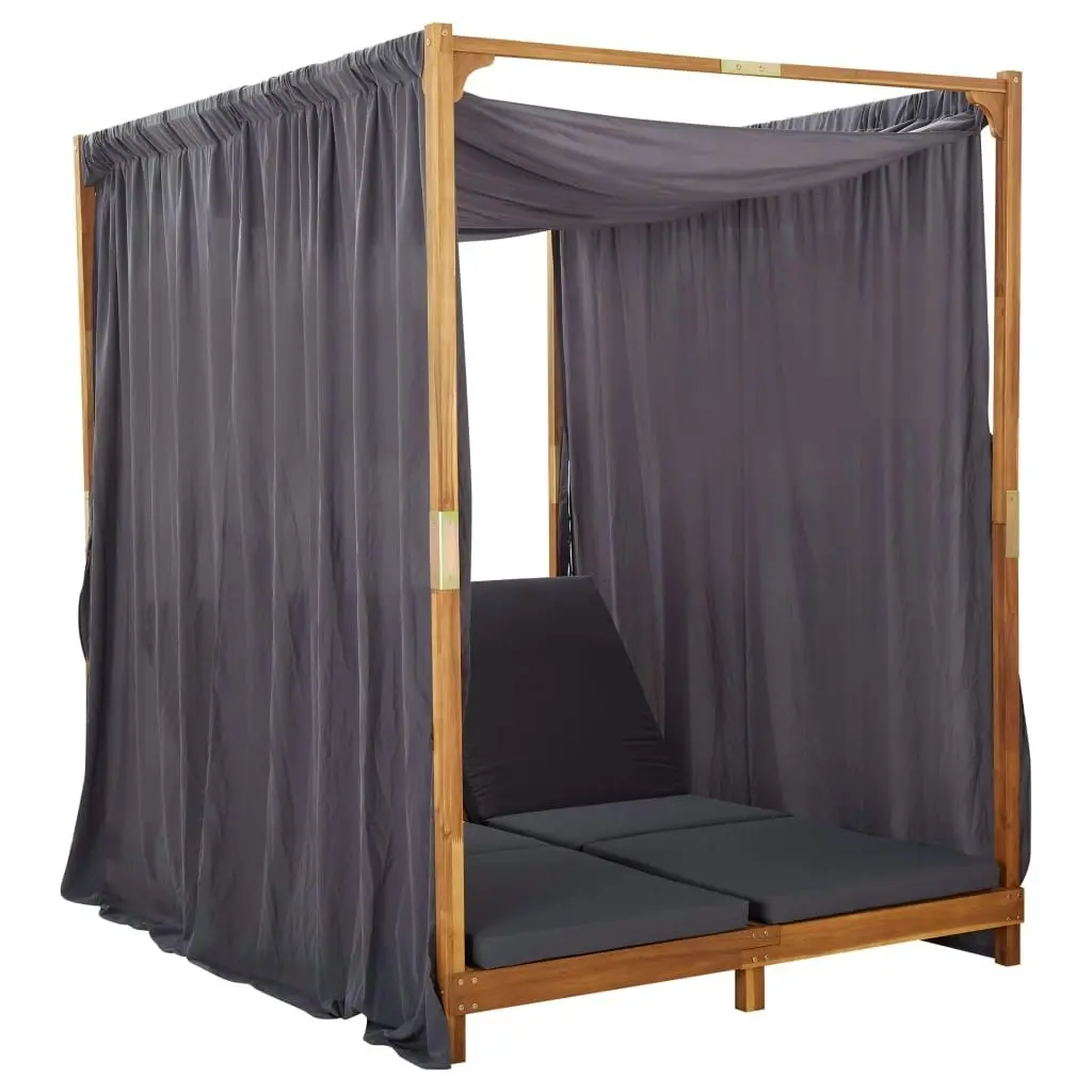 Double Sun Lounger with Curtains & Cushions Solid Acacia Wood 310319