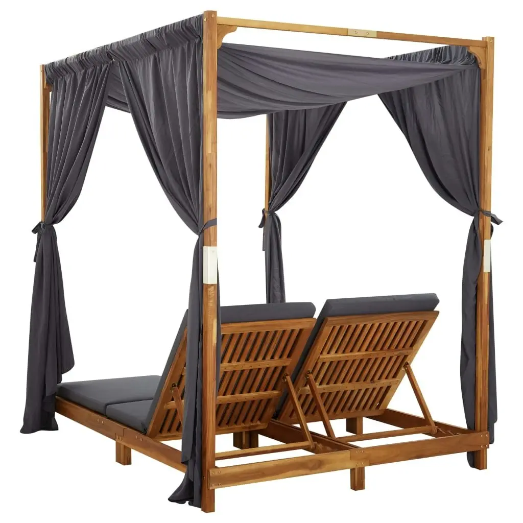 Double Sun Lounger with Curtains & Cushions Solid Acacia Wood 310319