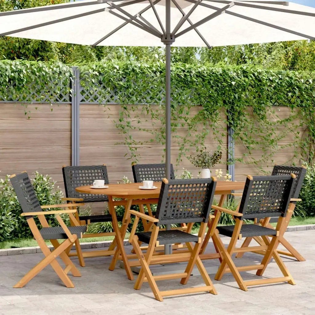 Folding Garden Chairs 6 pcs Black Poly Rattan and Solid Wood 3214557