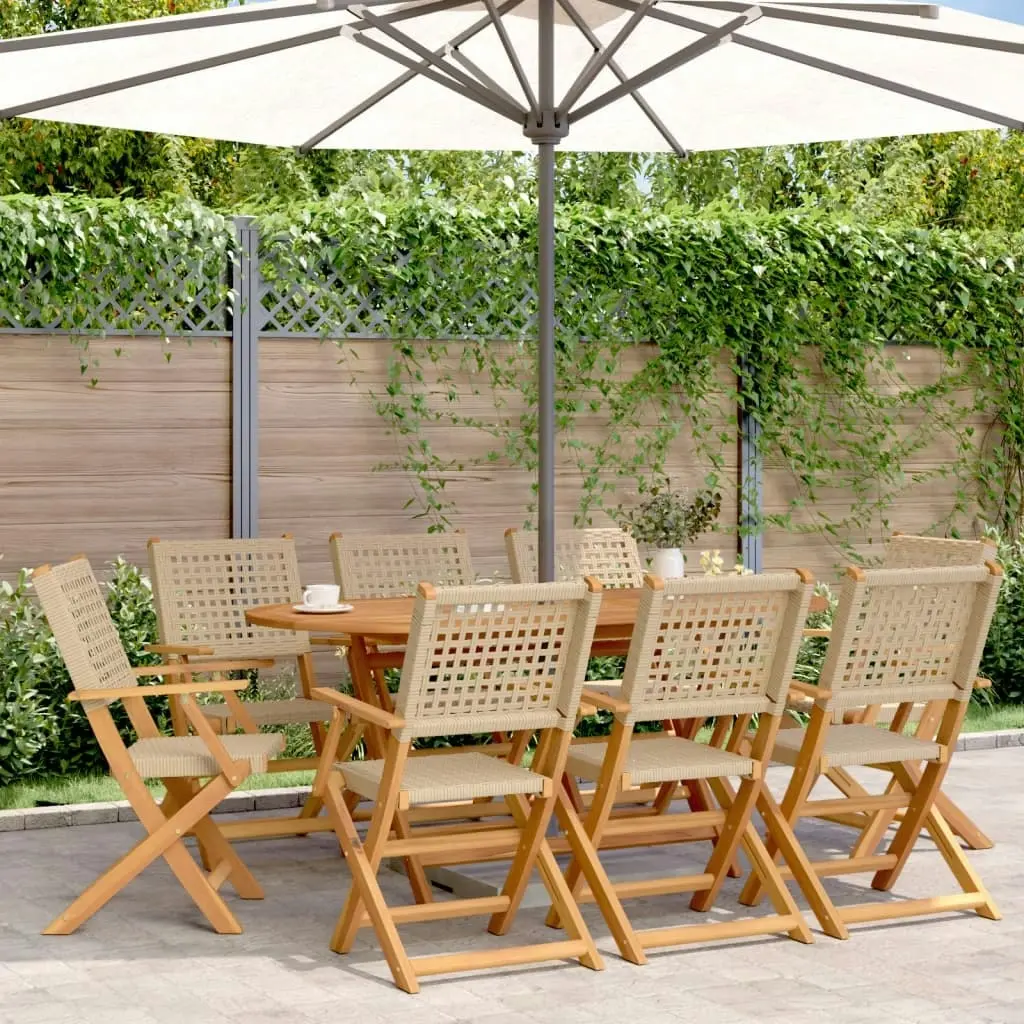 Folding Garden Chairs 8 pcs Beige Poly Rattan and Solid Wood 3214564