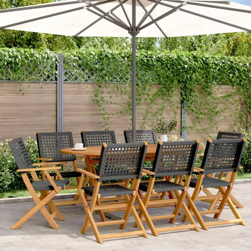 Folding Garden Chairs 8 pcs Black Poly Rattan and Solid Wood 3214558