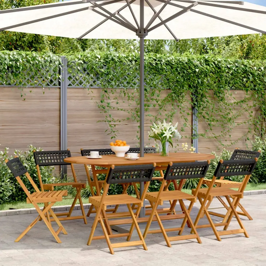 Folding Garden Chairs 8 pcs Black Poly Rattan and Solid Wood 3214594