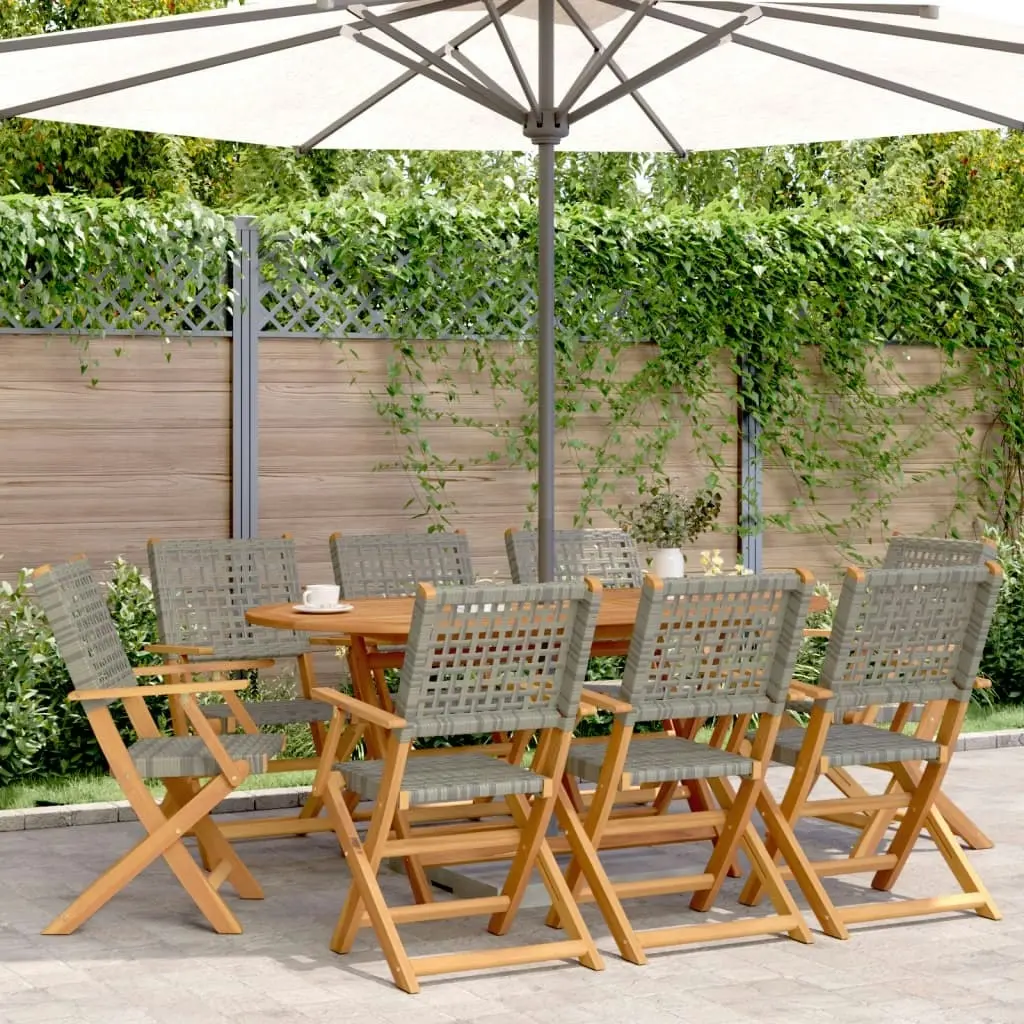 Folding Garden Chairs 8 pcs Grey Poly Rattan and Solid Wood 3214561