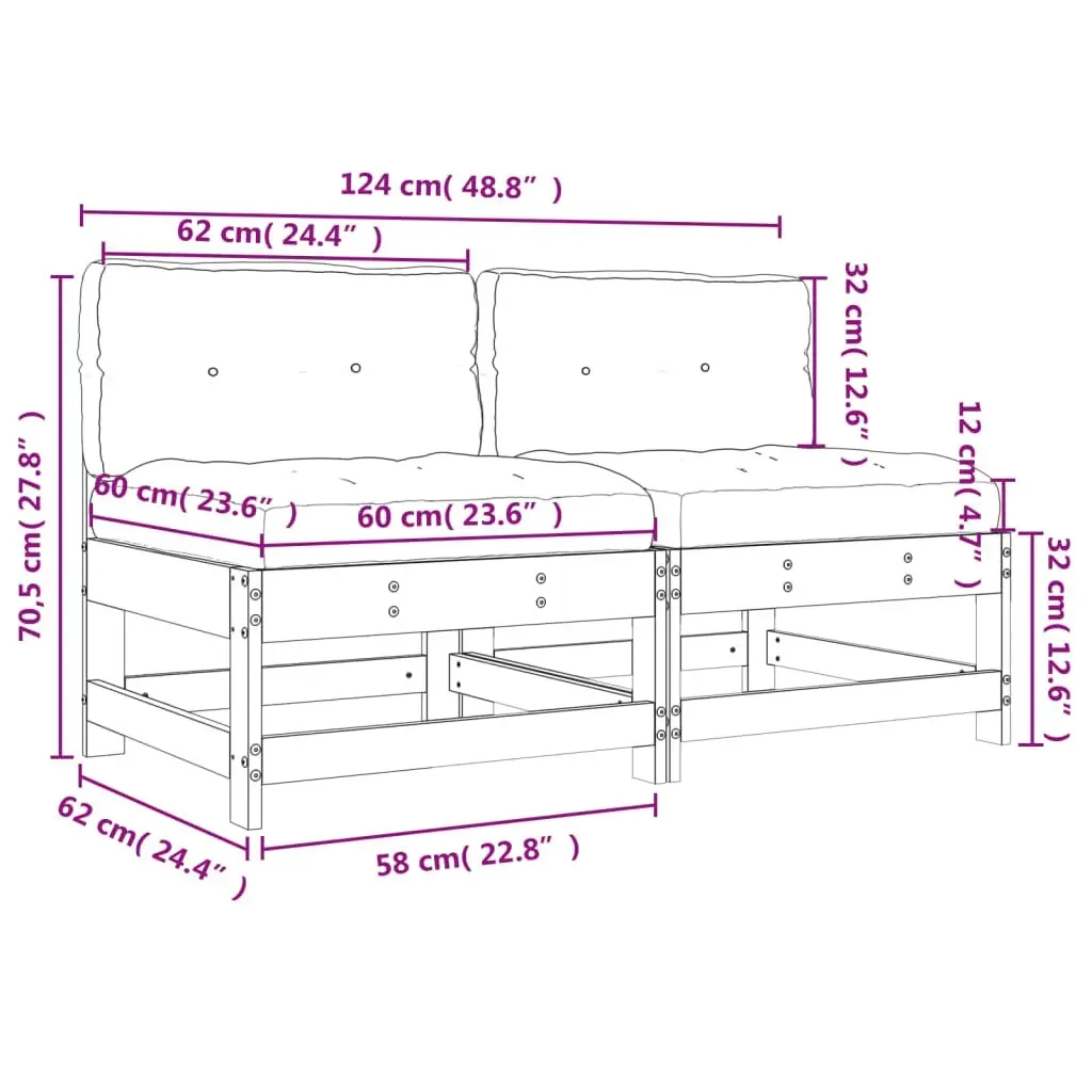 Middle Sofas with Cushions 2 pcs Solid Wood Pine 825576