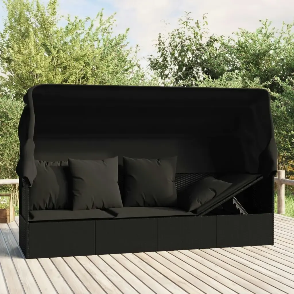 Outdoor Lounge Bed with Roof and Cushions Black Poly Rattan 319569