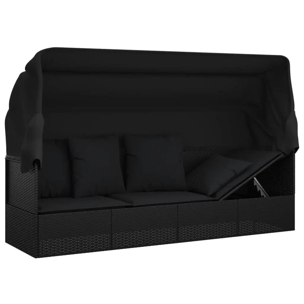 Outdoor Lounge Bed with Roof and Cushions Black Poly Rattan 319569