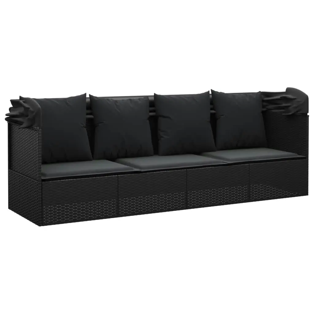 Outdoor Lounge Bed with Roof and Cushions Black Poly Rattan 319569